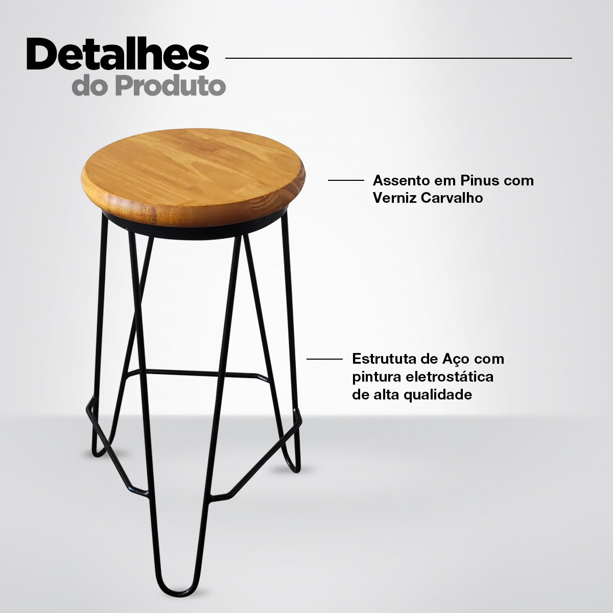Kit 2 Banquetas Média para Cozinha Bar Balcão Bistrô Hairpin Pinus Carvalho