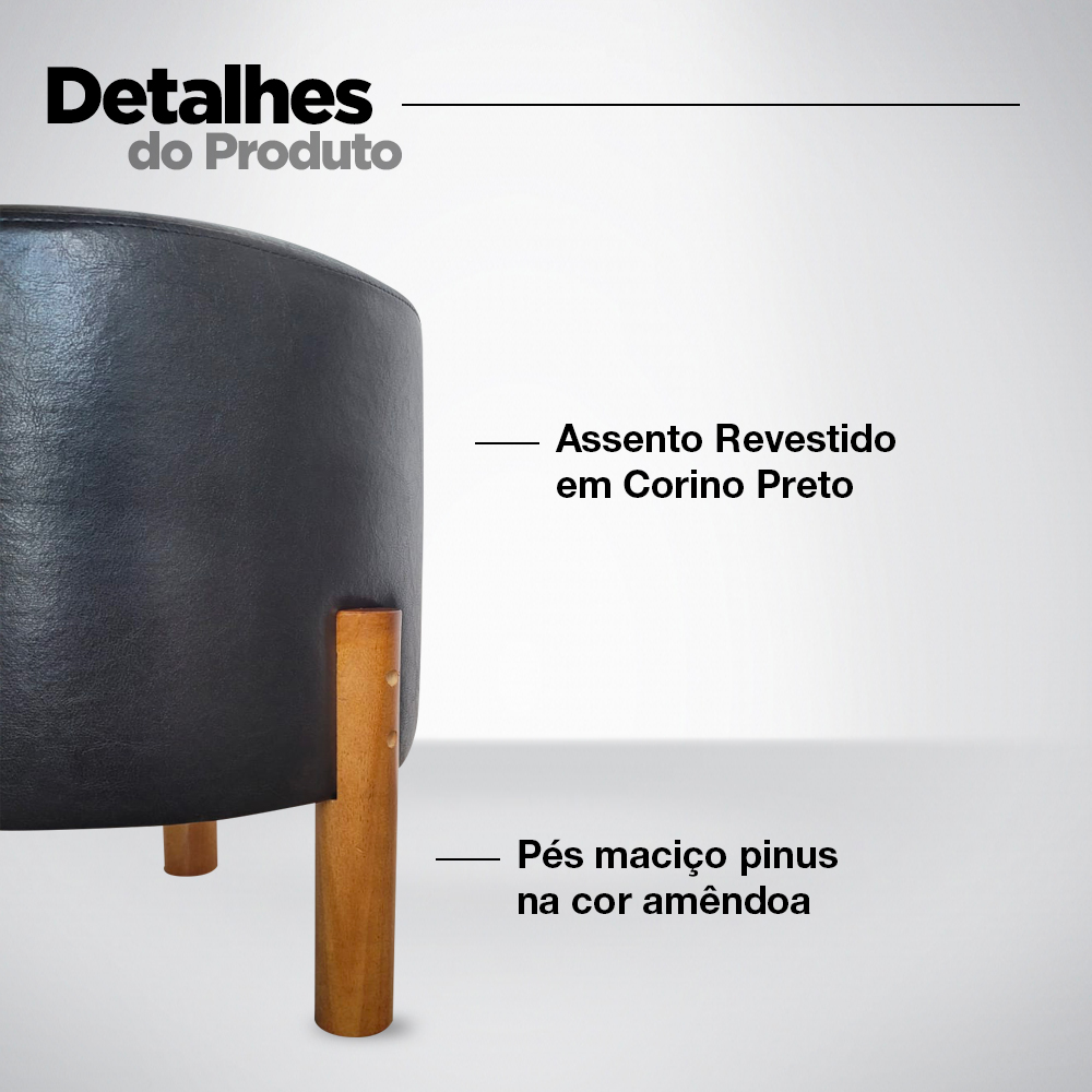 Puff Banqueta Redondo Pé Madeira Corino Preto Sala Quarto