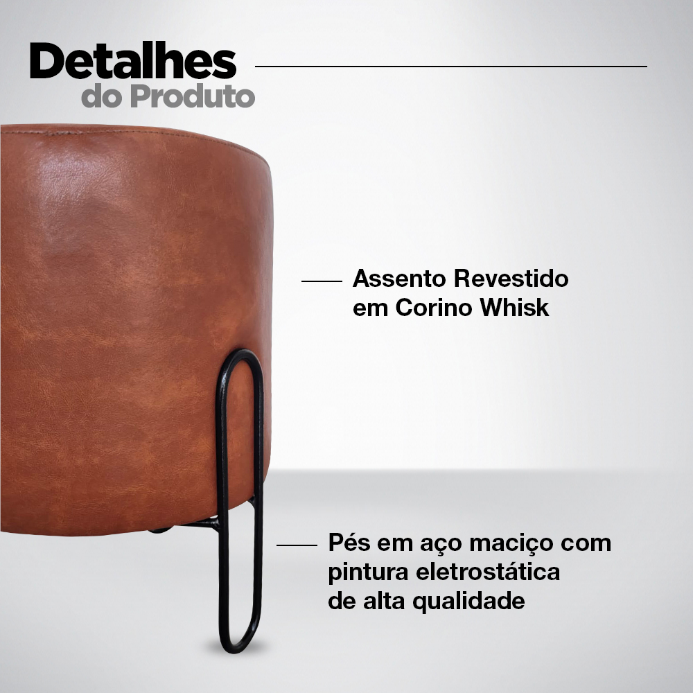 Puff Banqueta Redondo de Ferro Couro Sintético Whisk Sala Quarto
