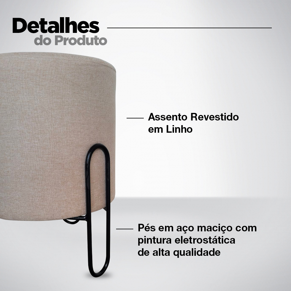 Puff Banqueta Redondo de Ferro Linho Claro Sala Quarto Escritório