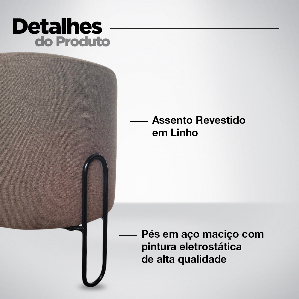Puff Banqueta Redondo de Ferro Linho Tabaco Sala Quarto Escritório