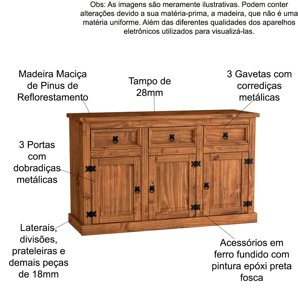 Aparador 1 Gaveta e Balcão Buffet 3 Portas Rustic Line Cera