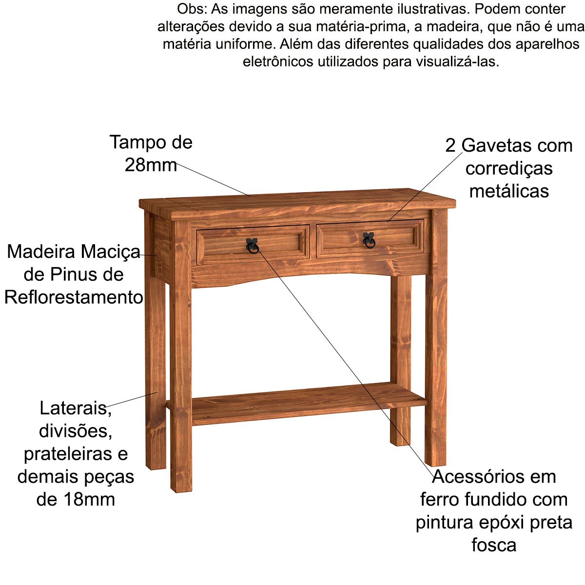 Aparador de Sala Rústico 100% Madeira 2 Gavetas Rustic Line Cera