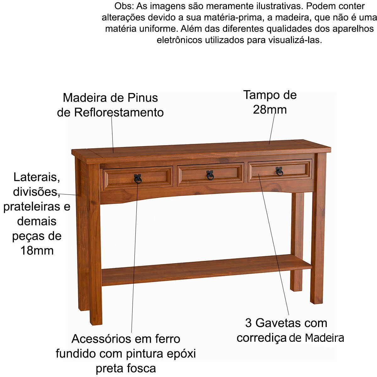 Aparador de Sala Rústico 100% Madeira 3 Gavetas Imperial Imbuia Fosco