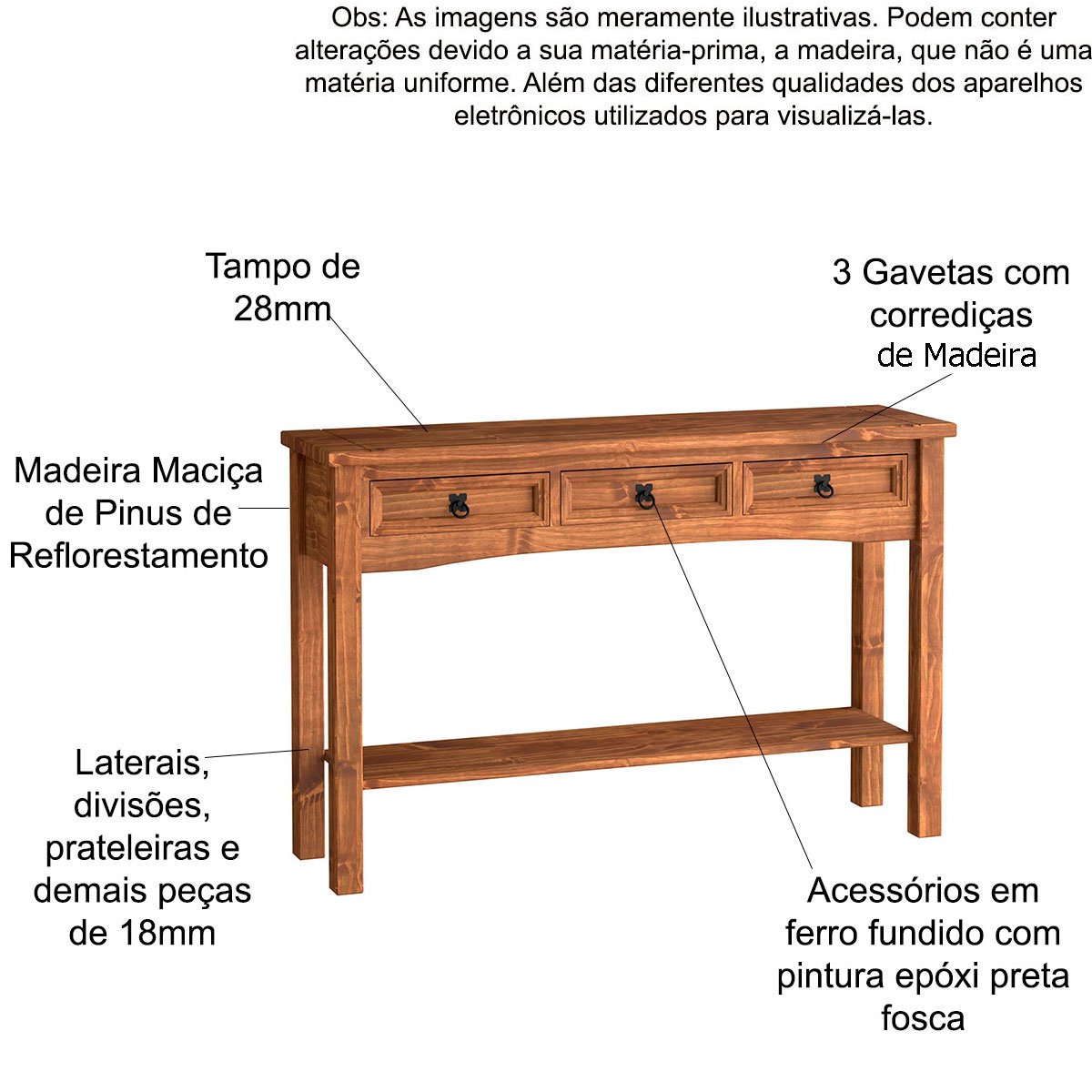 Aparador de Sala Rústico 100% Madeira 3 Gavetas Rustic Line Cera