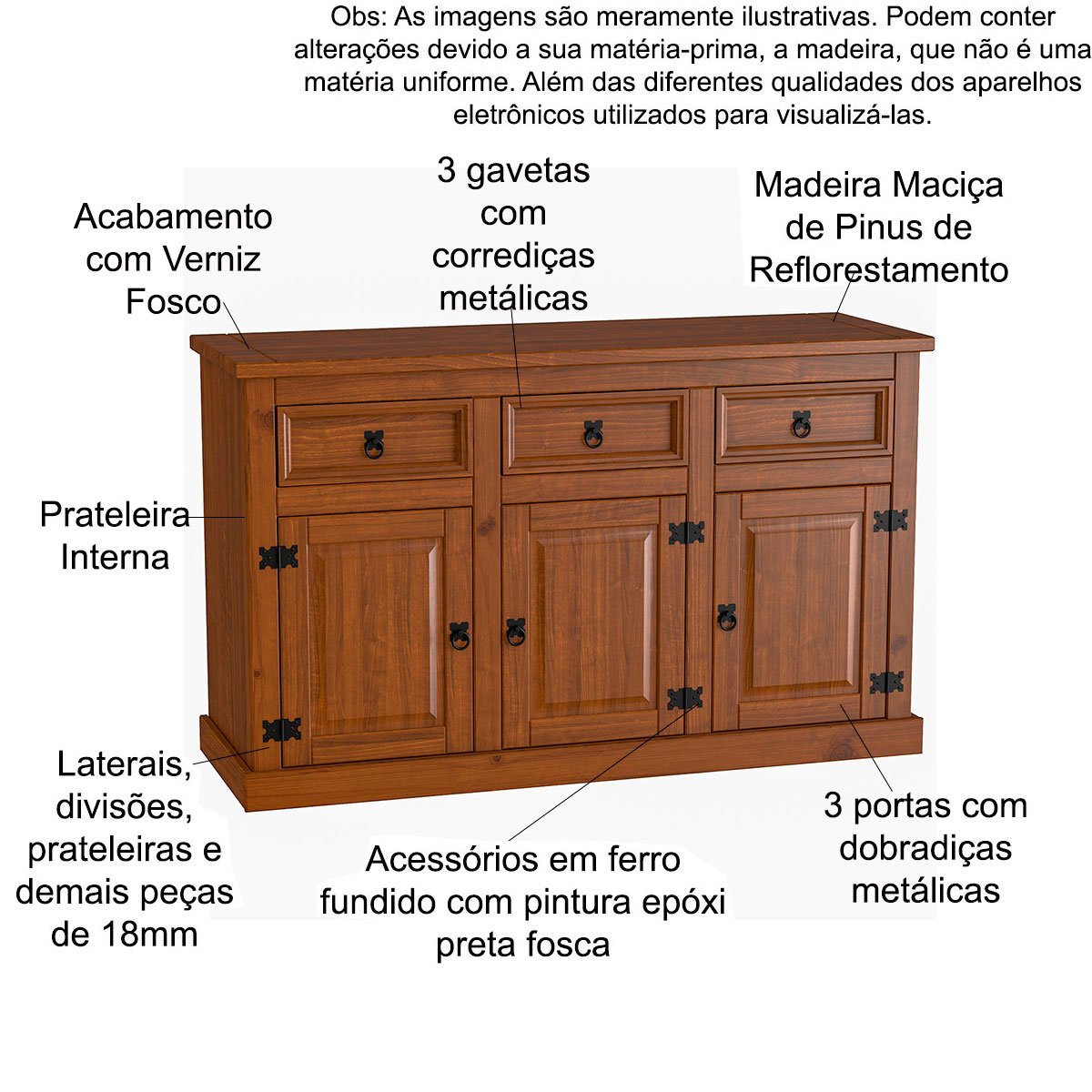 Balcão Buffet Aparador Madeira Maciça 3 Pts 3 Gav. Imperial Imbuia Fosco