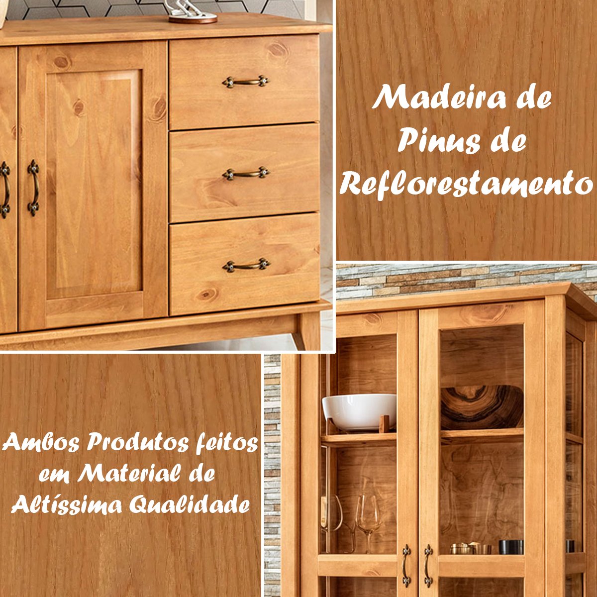 Buffet Aparador 2 Portas 3 Gav. 120 cm e Cristaleira 2 Portas Bella Carvalho Fosco