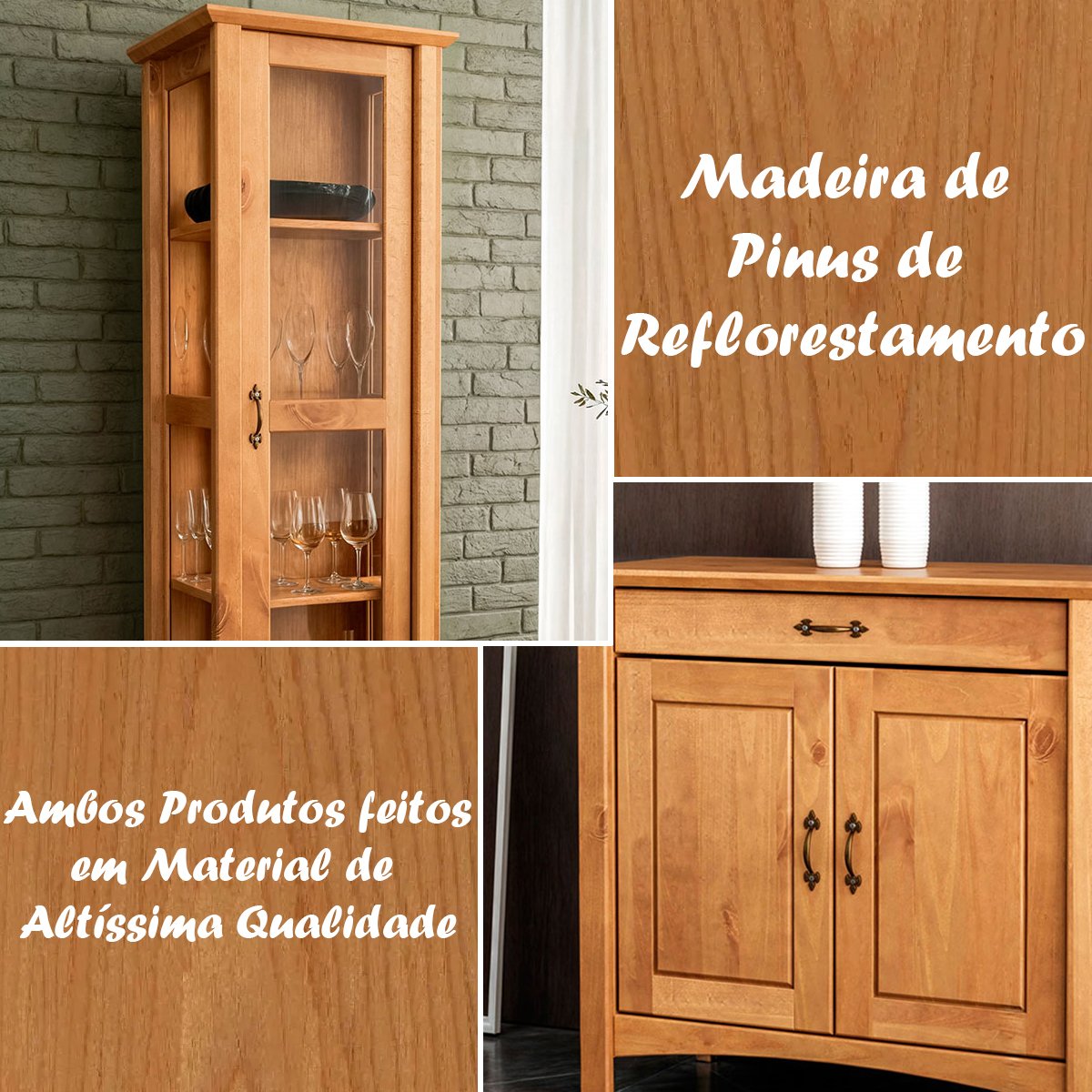 Buffet Aparador 2 Portas 93 cm e Cristaleira 1 Porta Madeira Maciça Bella Carvalho Fosco