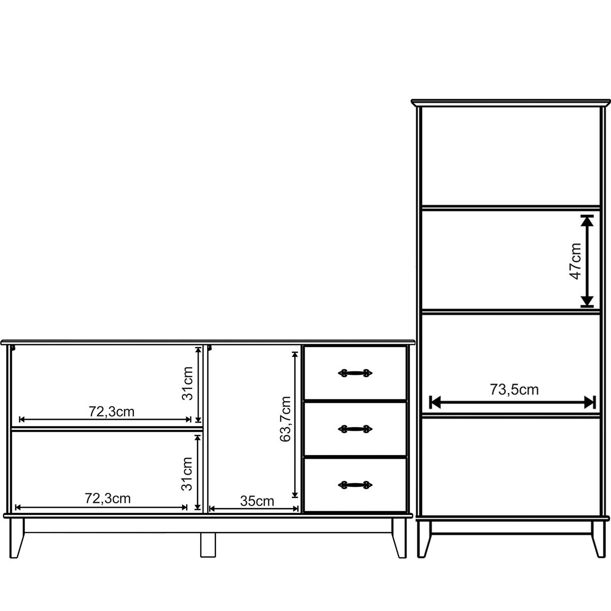 Buffet Aparador 3 Portas 3 Gav. 156 cm e Cristaleira 2 Portas Bella Slim Carvalho Fosco