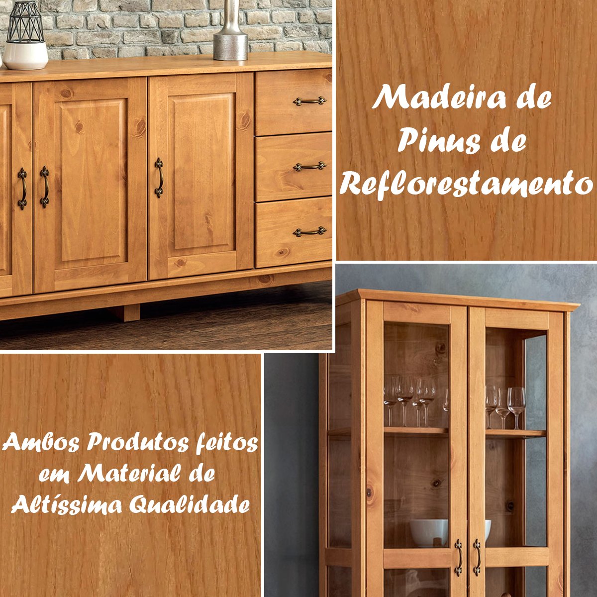 Buffet Aparador 3 Portas 3 Gav. 156 cm e Cristaleira 2 Portas Bella Slim Carvalho Fosco