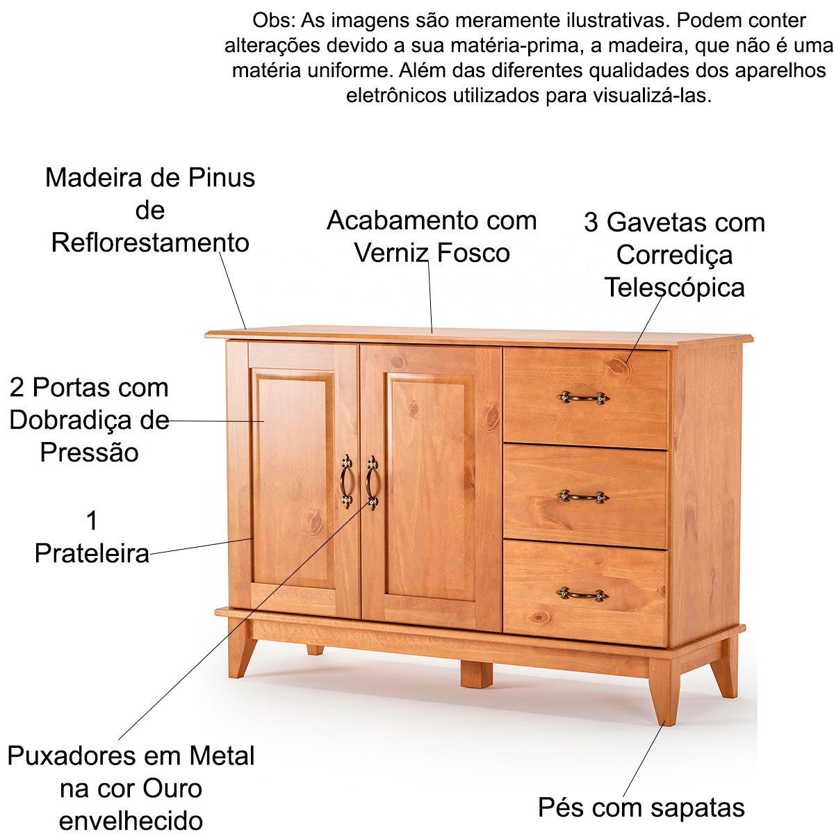 Buffet Aparador Madeira Maciça 2 Portas 3 Gav. 120 cm Bella Carvalho Fosco