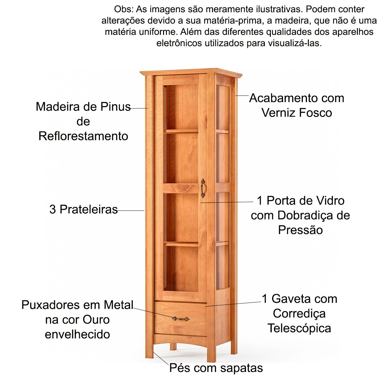 Cristaleira 1 Porta de Vidro e Aparador 1 Gaveta Bella Carvalho Fosco