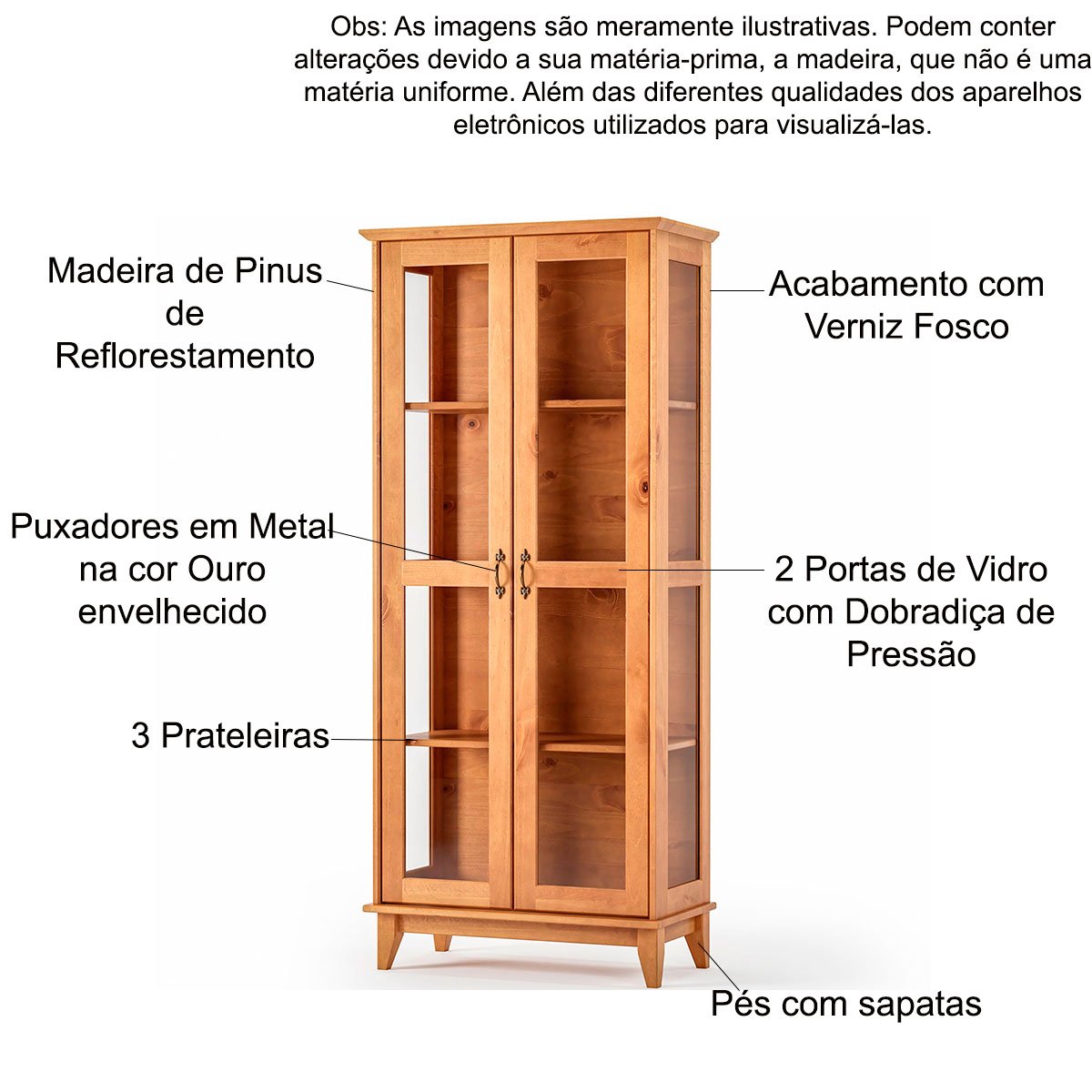 Cristaleira 2 Pts Vidro Slim e Buffet Aparador 93 cm Bella Carvalho Fosco