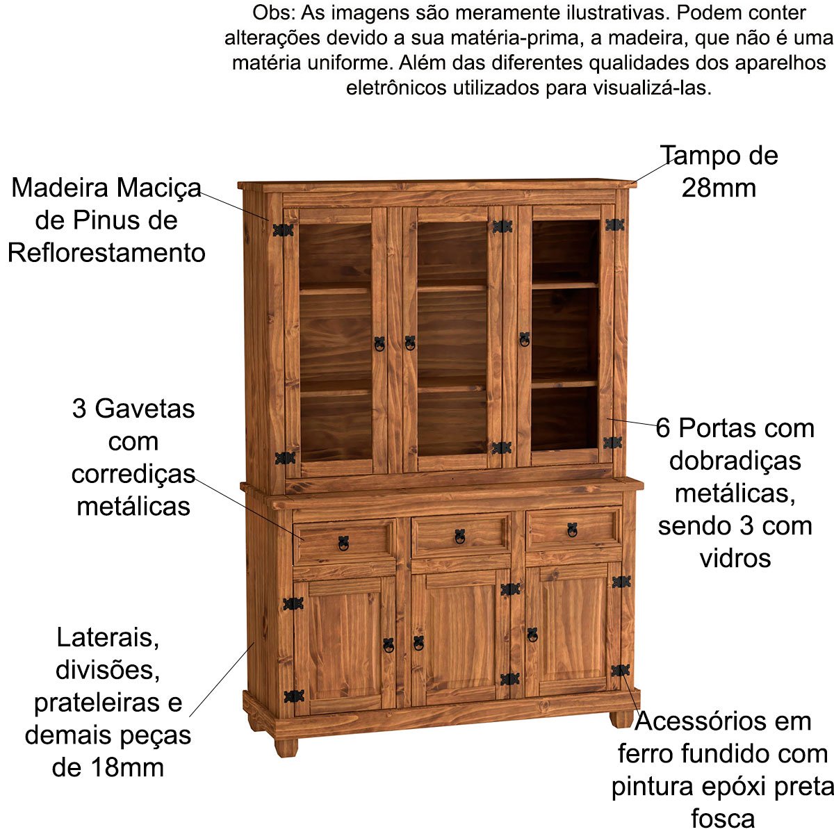 Cristaleira de Madeira 6 Portas com Vidro e Pés Rustic Line Cera
