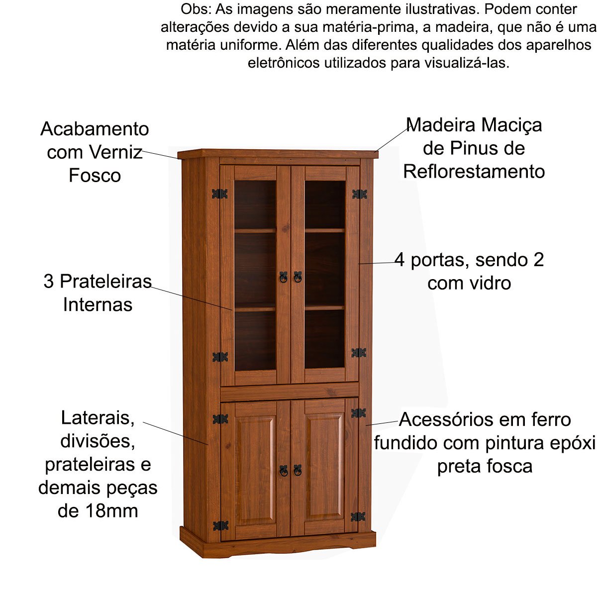 Estante Cristaleira 4 Portas com Vidro 100% Madeira Imperial Imbuia Fosco