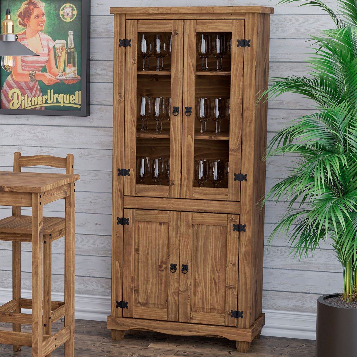 Estante Cristaleira 4 Portas com Vidro e Pés  Rustic Line Cera