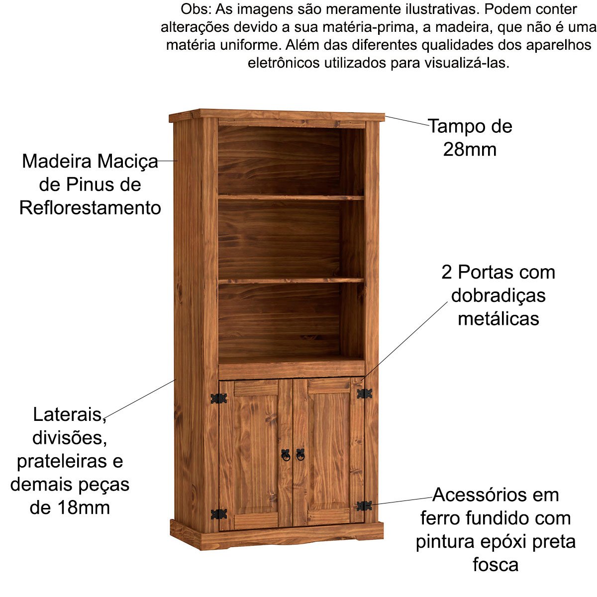 Estante Livreiro 2 Portas 100% Madeira Rustic Line Cera