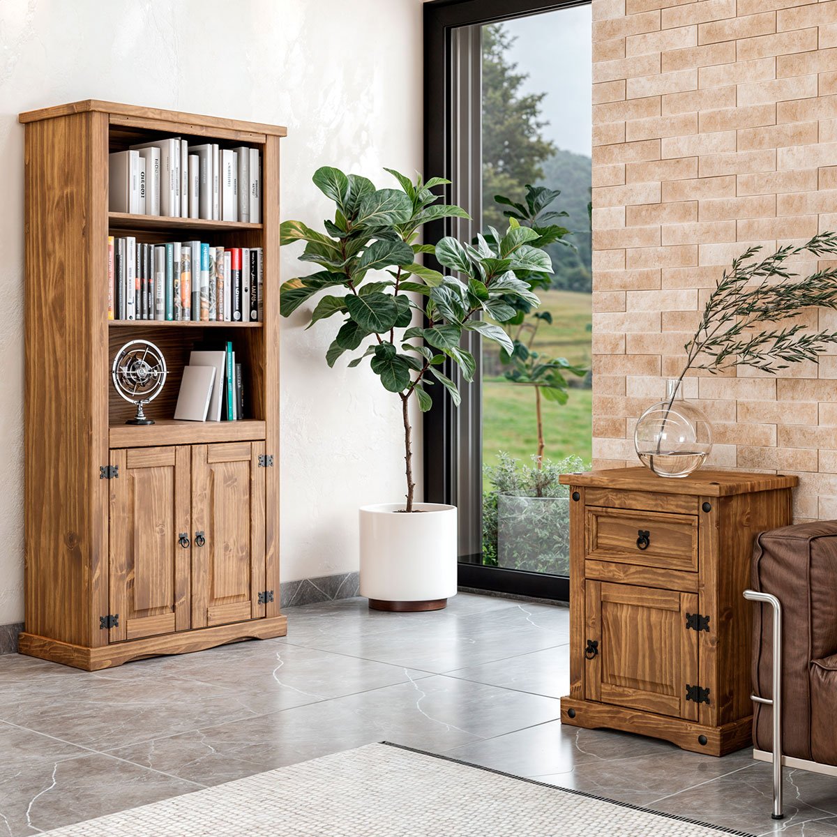 Estante Livreiro 2 Portas e Mesa de Cabeceira Rustic Line Cera