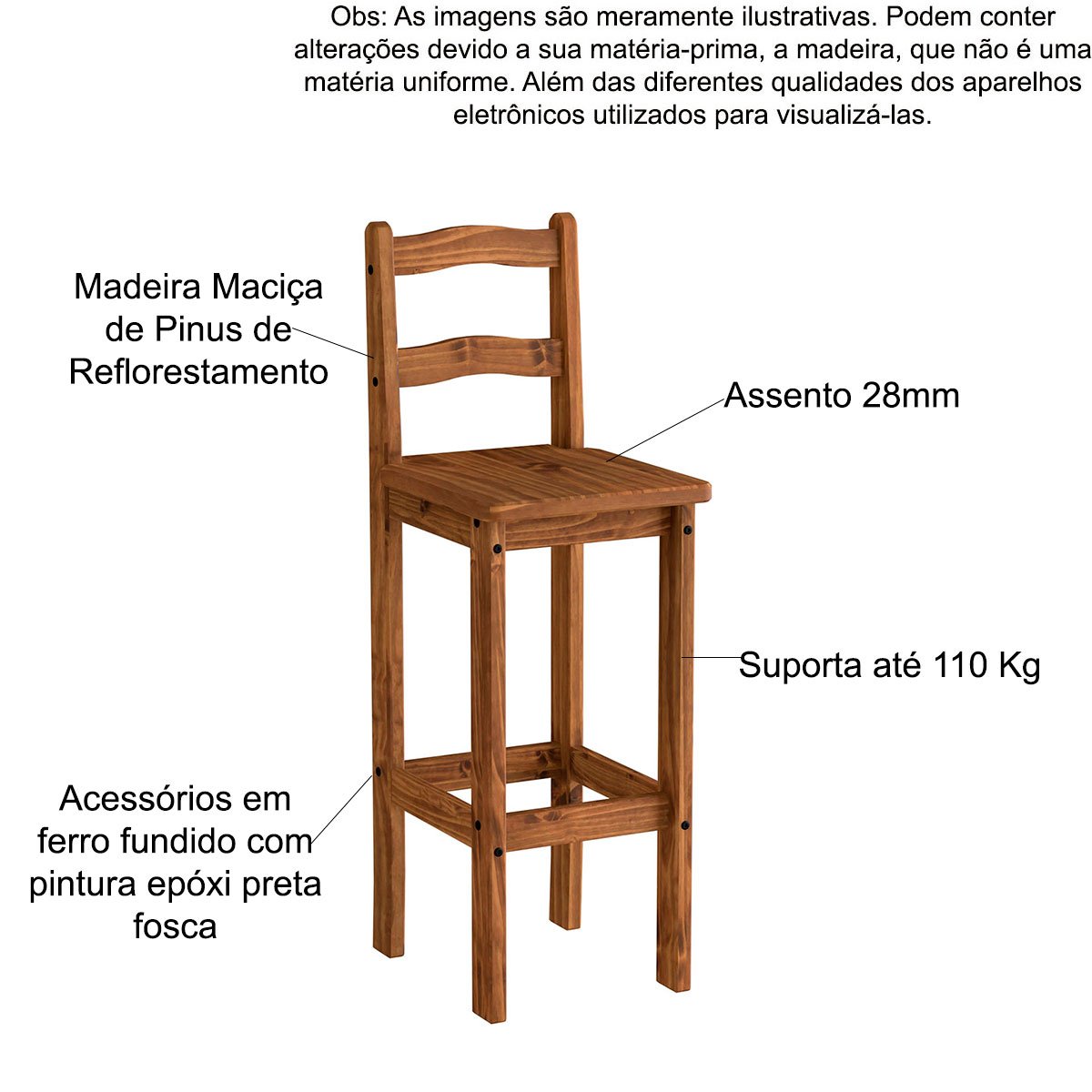 Kit 4 Banquetas para Bancada Madeira Maciça Rustic Line Cera