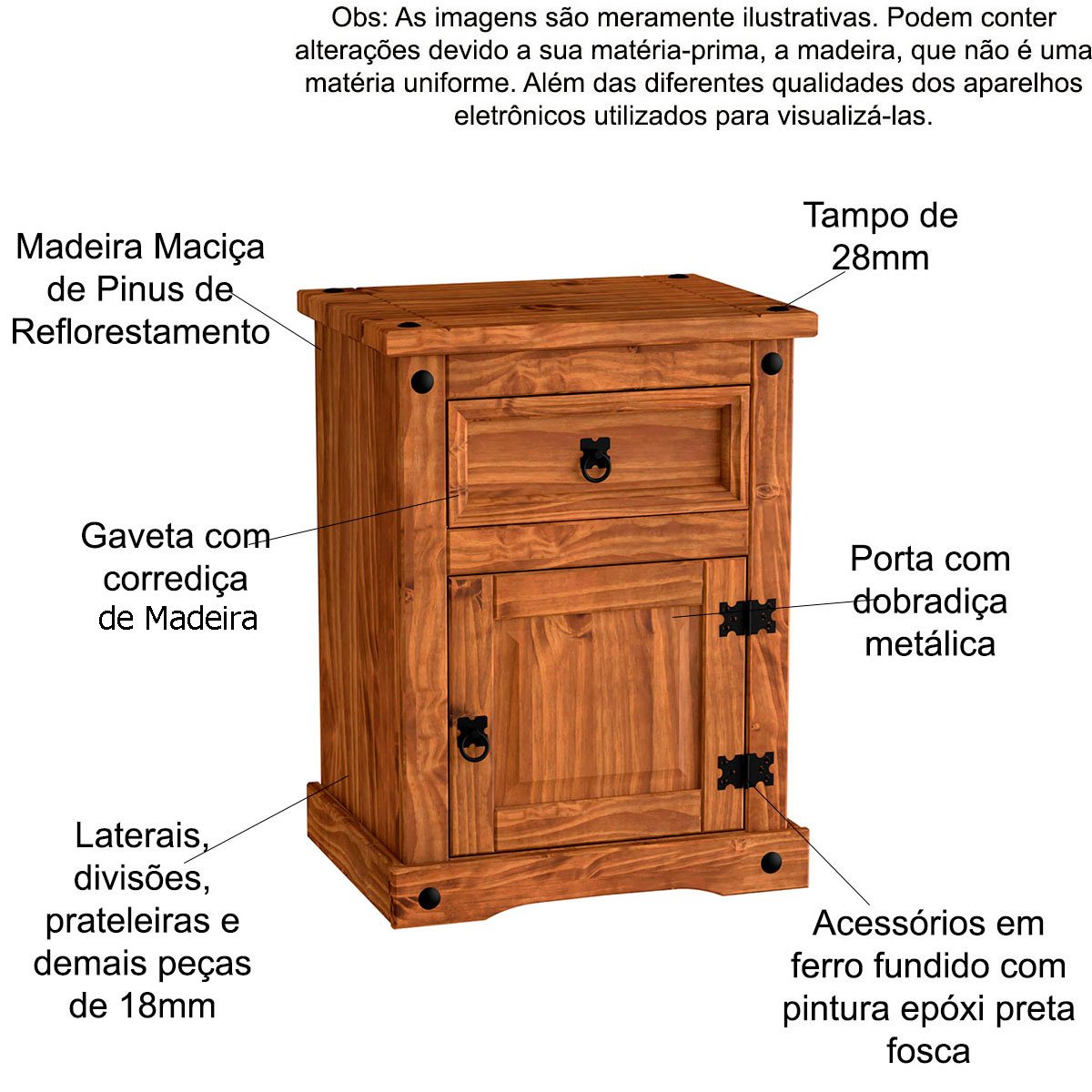 Mesa de Cabeceira 1 Gaveta e 1 Porta Madeira Rustic Line Cera