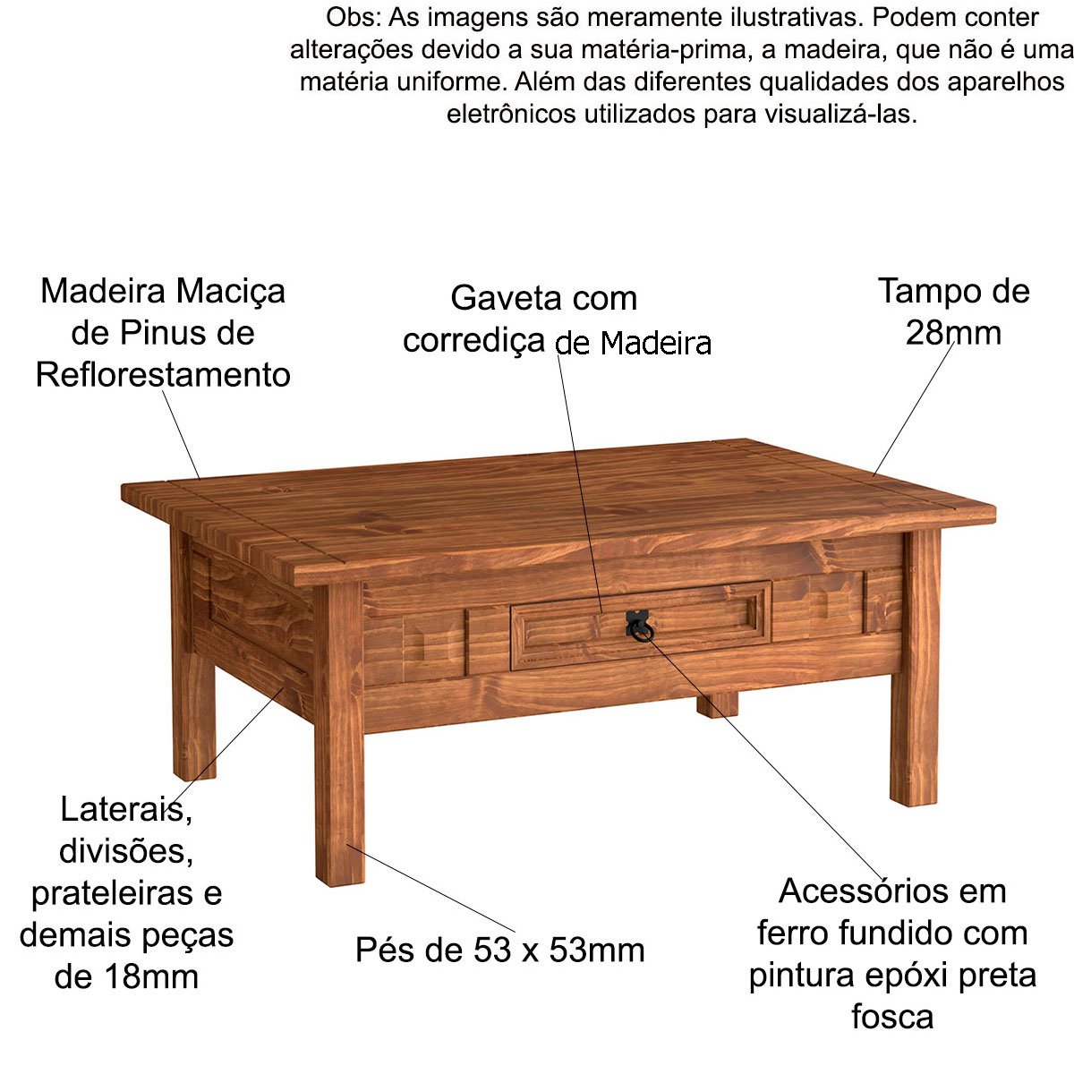 Mesa de Centro 1 Gaveta 100% Madeira Maciça Rustic Line Cera
