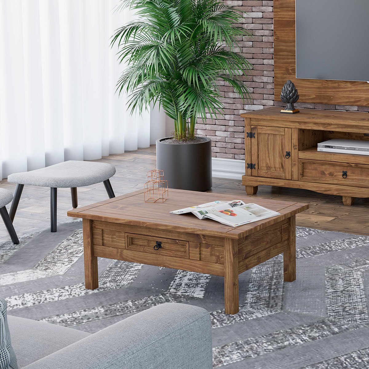 Mesa de Centro 1 Gaveta 100% Madeira Maciça Rustic Line Cera