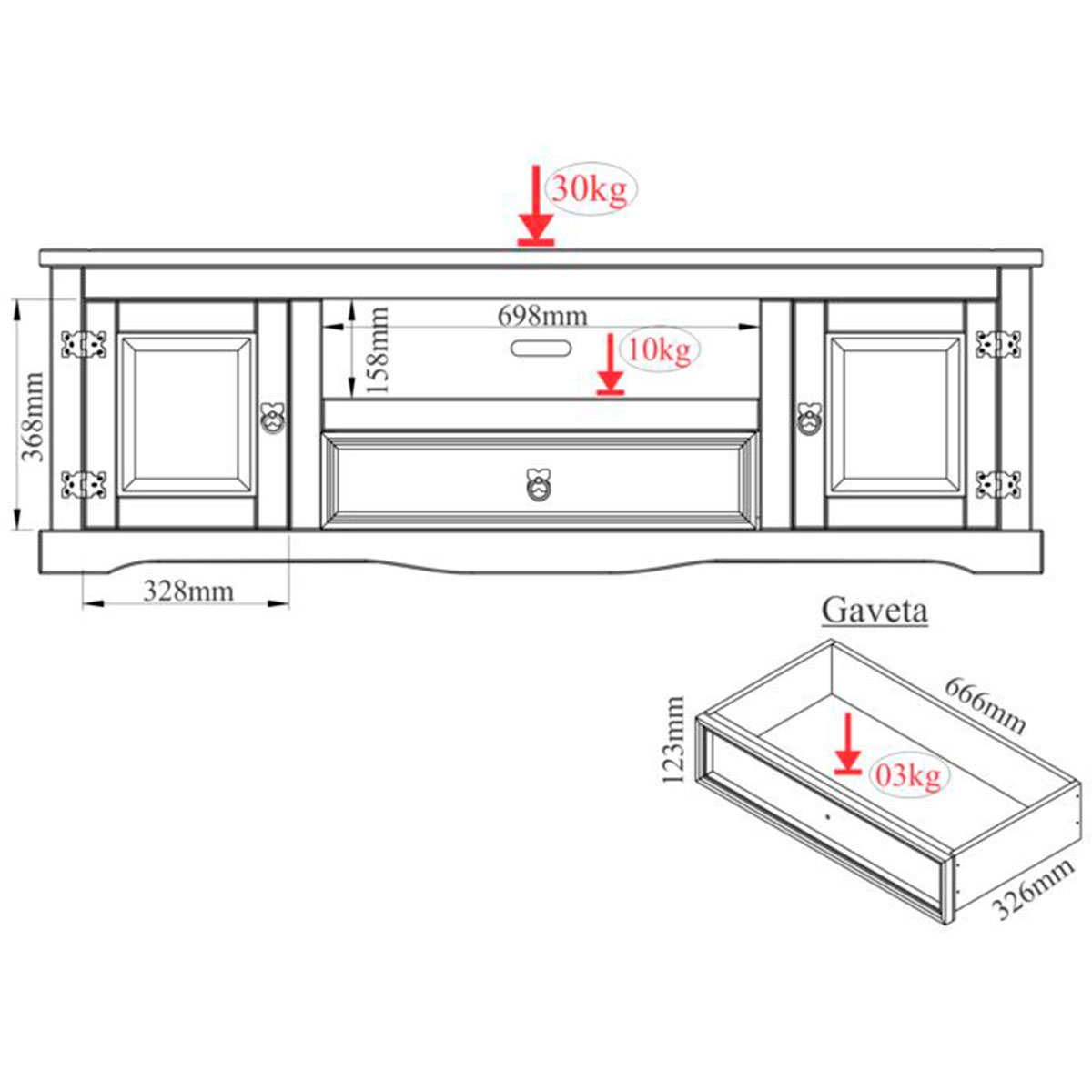 Rack p TV 50 Polegadas 2 Pts c/ Pés 100% Madeira Rustic Line Cera