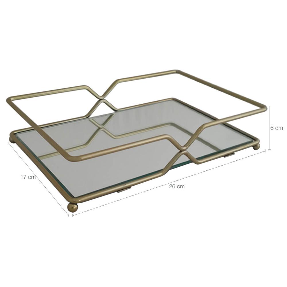 Bandeja Decorativa Espelhada Dourada 26cm Retangular para Ba
