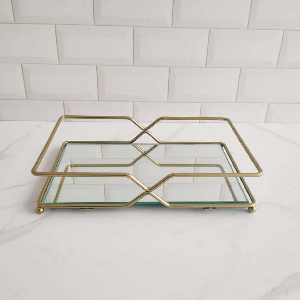 Bandeja Decorativa Espelhada Dourada 26cm Retangular para Ba
