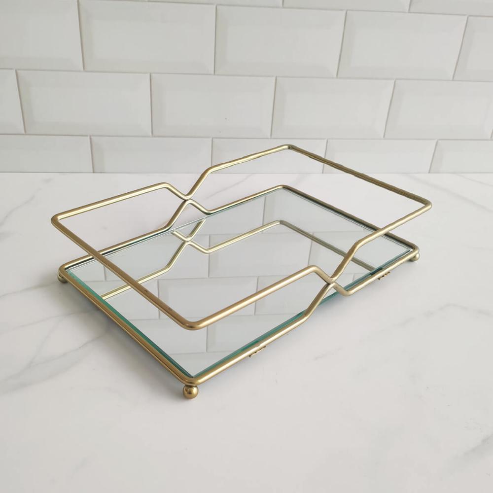 Bandeja Decorativa Espelhada Dourada 26cm Retangular para Ba