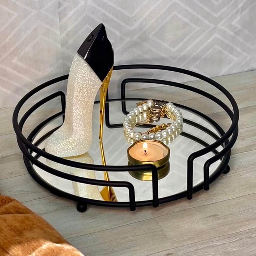 Bandeja Decorativa Espelhada Redonda 22cm Aramada Preta para