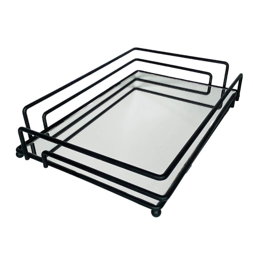 Bandeja Preta Espelhada Decorativa 30x20cm Aparador Banheiro Preto Fosco Retangular