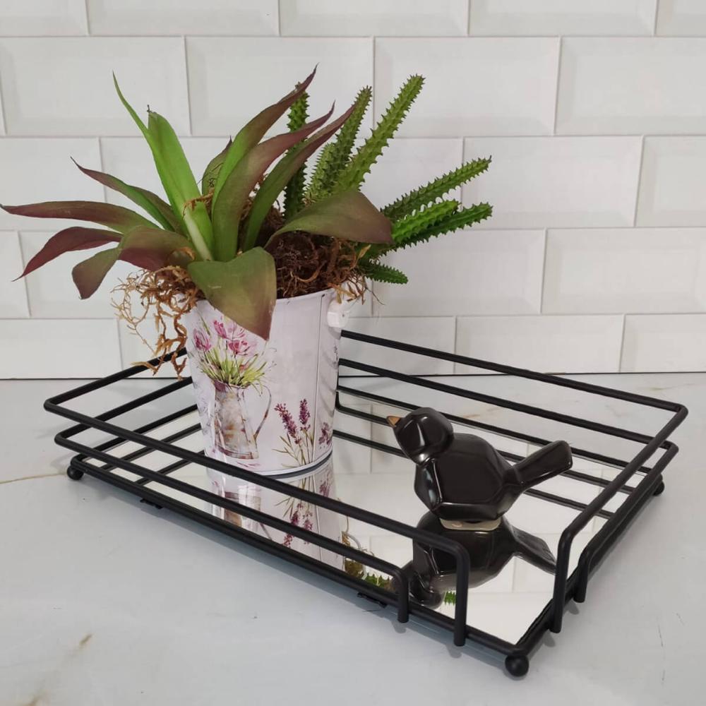 Bandeja Preta Espelhada Decorativa 30x20cm Aparador Banheiro Preto Fosco Retangular