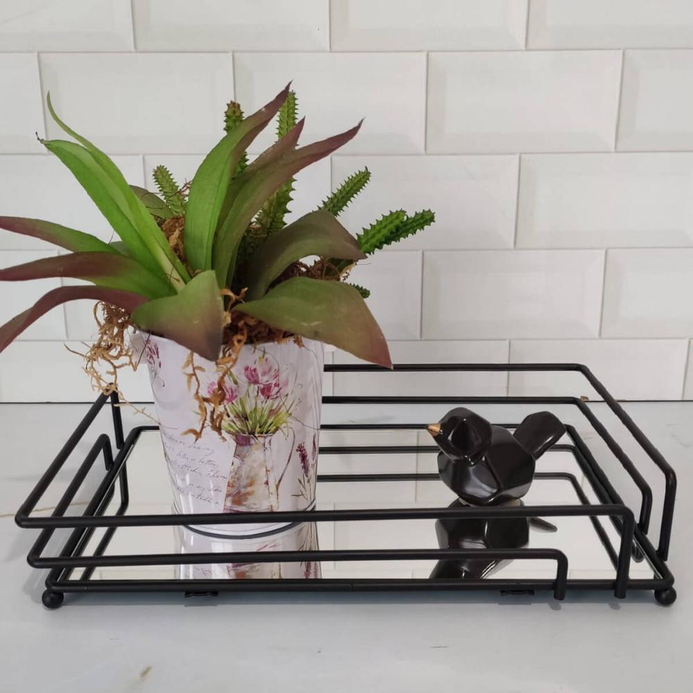 Bandeja Preta Espelhada Decorativa 30x20cm Aparador Banheiro Preto Fosco Retangular
