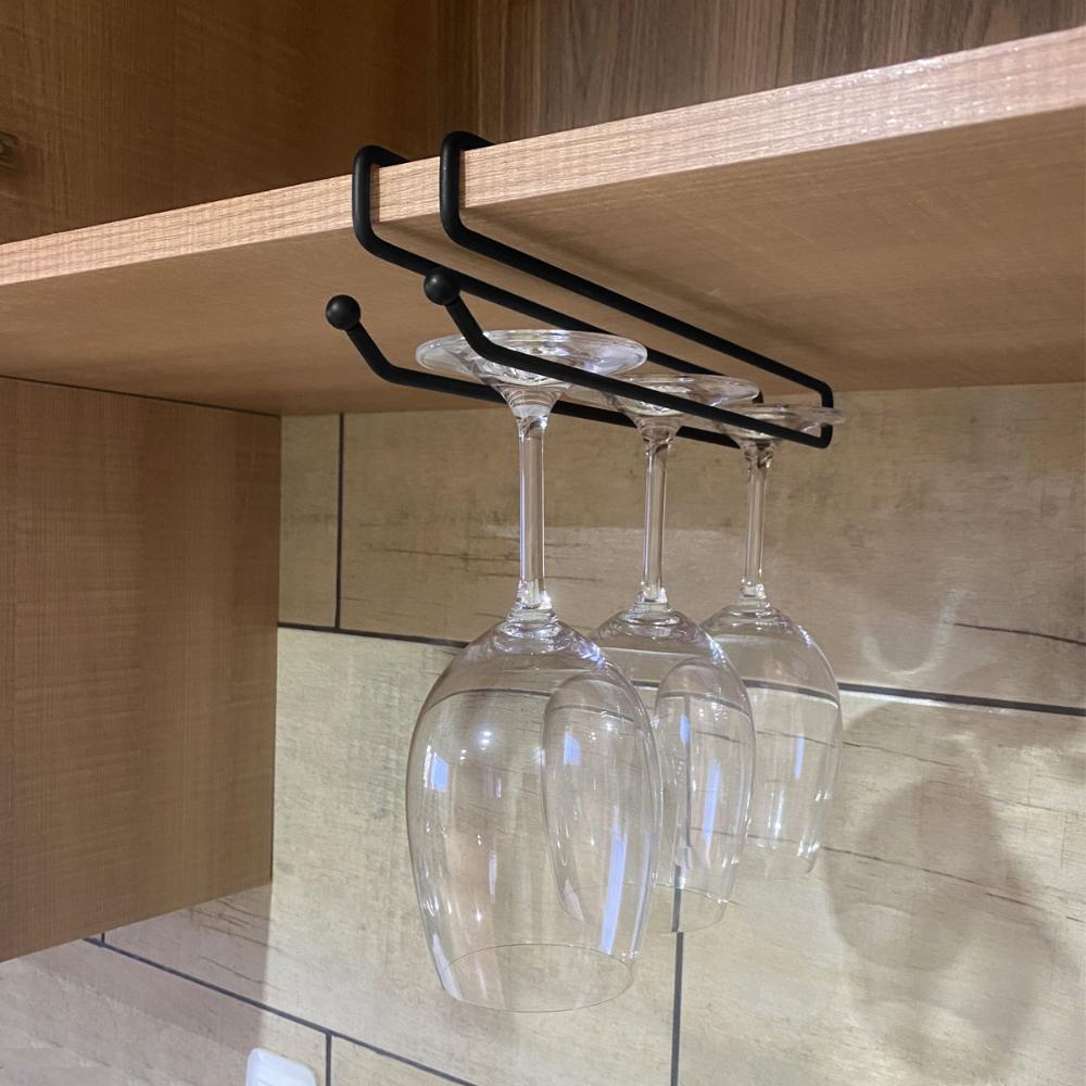 Conjunto 2 Suportes Porta Taças de Encaixe 26cm Organizadores de Armário Preto Fosco