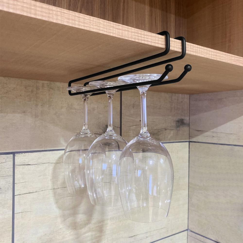 Conjunto 2 Suportes Porta Taças de Encaixe 26cm Organizadores de Armário Preto Fosco