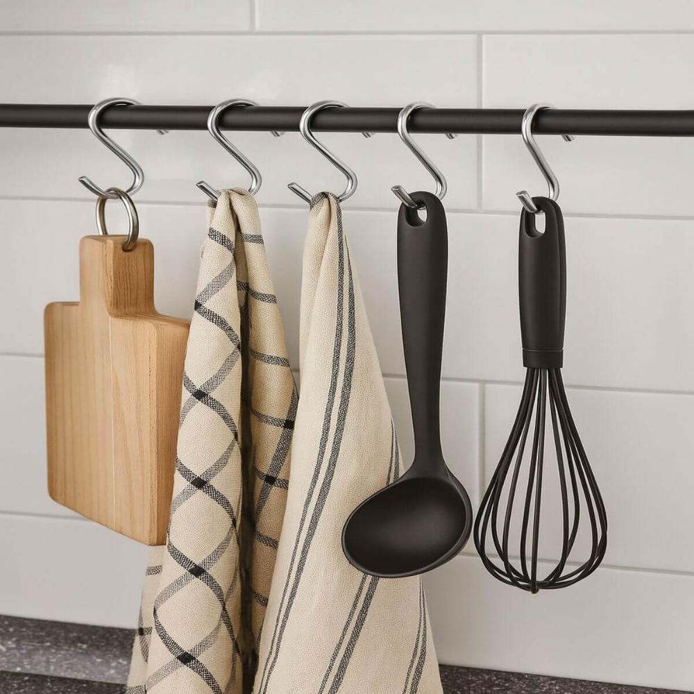 Kit 24 Ganchos em S 2,5cm Multiuso Para Barra de Cozinha Cromado Toalheiro Porta Utensílios