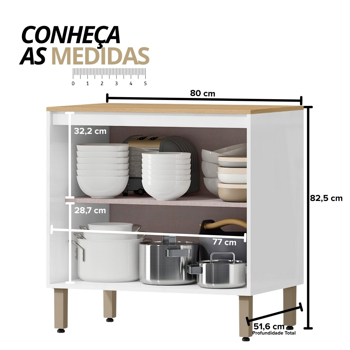 Armário Módulo de Cozinha Balcão 2 Portas - Glória Branco Neve