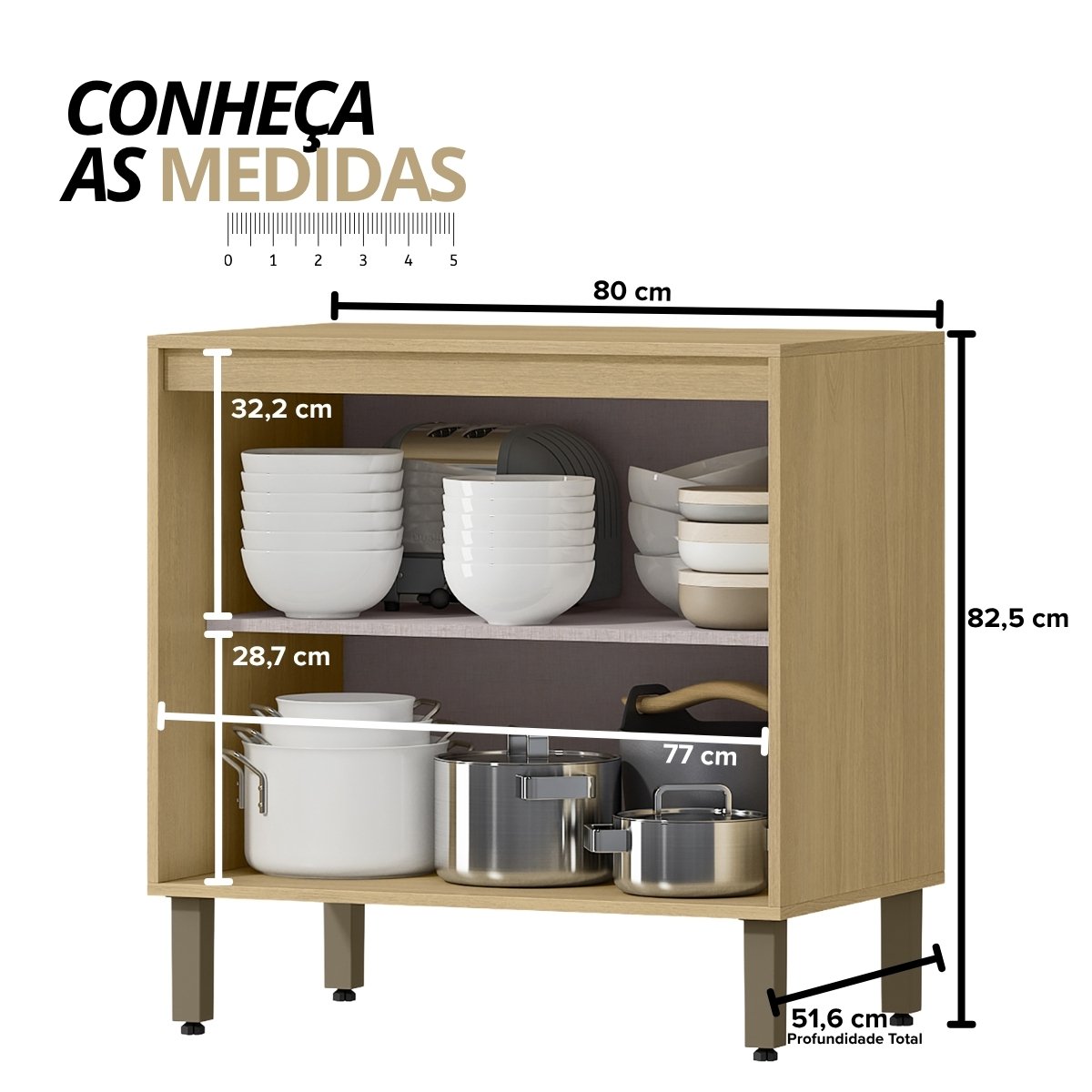 Armário Módulo de Cozinha Balcão 2 Portas - Glória Castanho/Off White