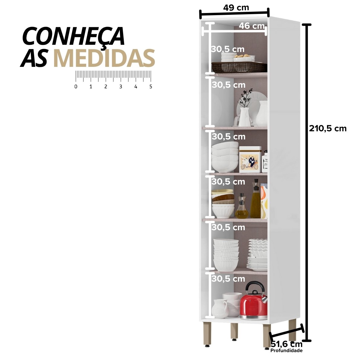 Armário Paneleiro de Cozinha Usinado 6 Prateleiras - Glória Branco Neve