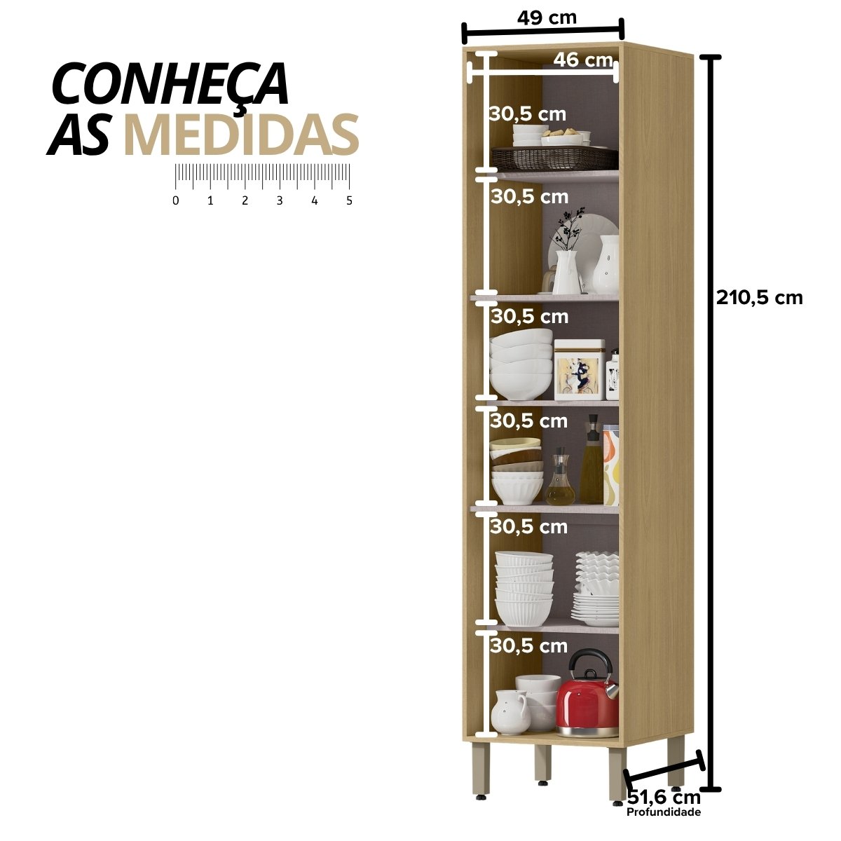 Armário Paneleiro de Cozinha Usinado 6 Prateleiras - Glória Castanho / Castanho Usinado