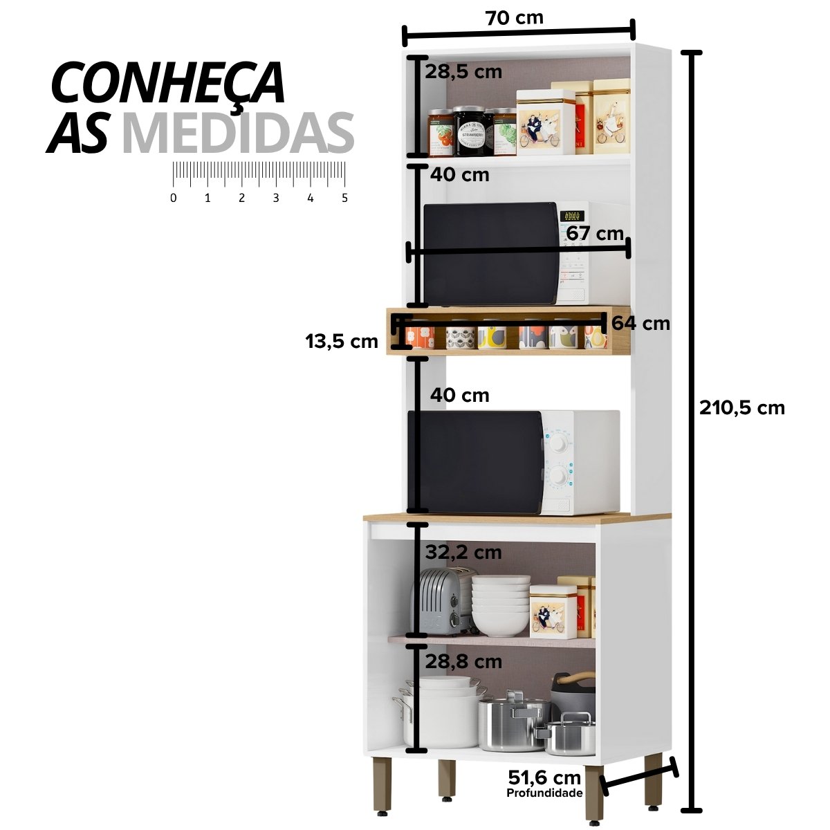 Armário Paneleiro de Cozinha e Torre Quente 2 Fornos - Glória Branco Neve