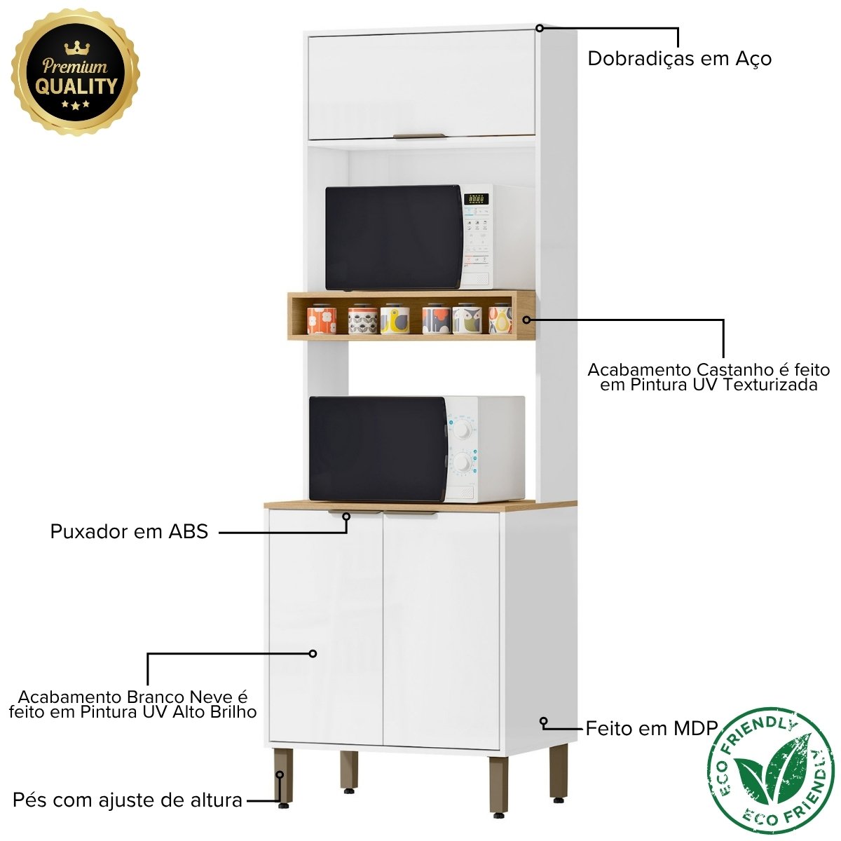 Armário Paneleiro de Cozinha e Torre Quente 2 Fornos - Glória Branco Neve