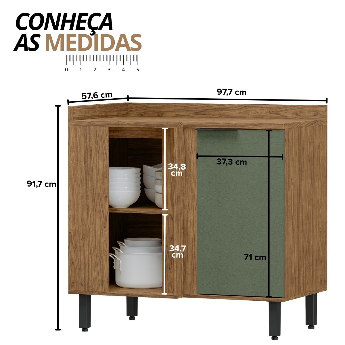 Balcão de Canto Reto Módulo de Cozinha 1 Porta - Toscana Freijó/Jade