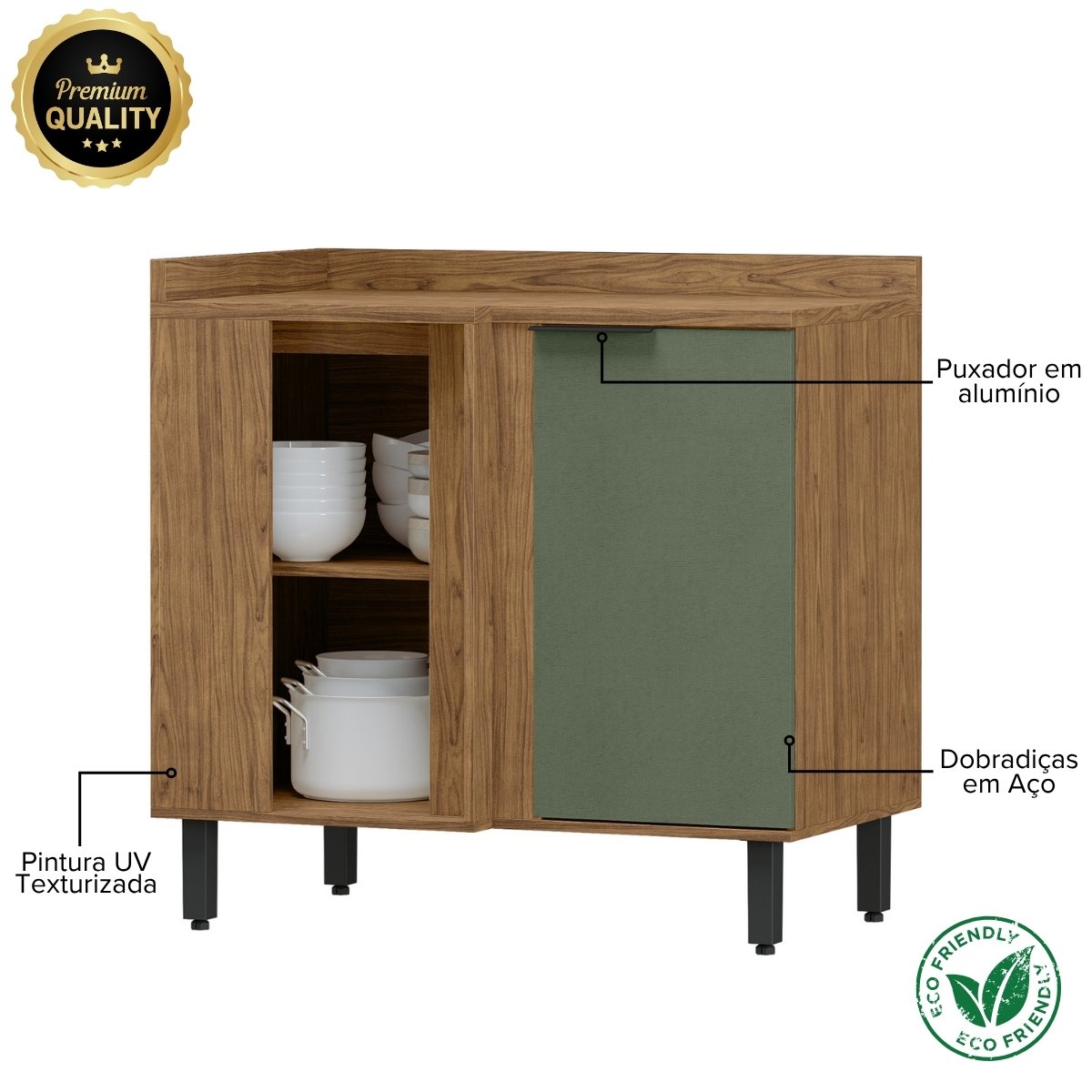 Balcão de Canto Reto Módulo de Cozinha 1 Porta - Toscana Freijó/Jade
