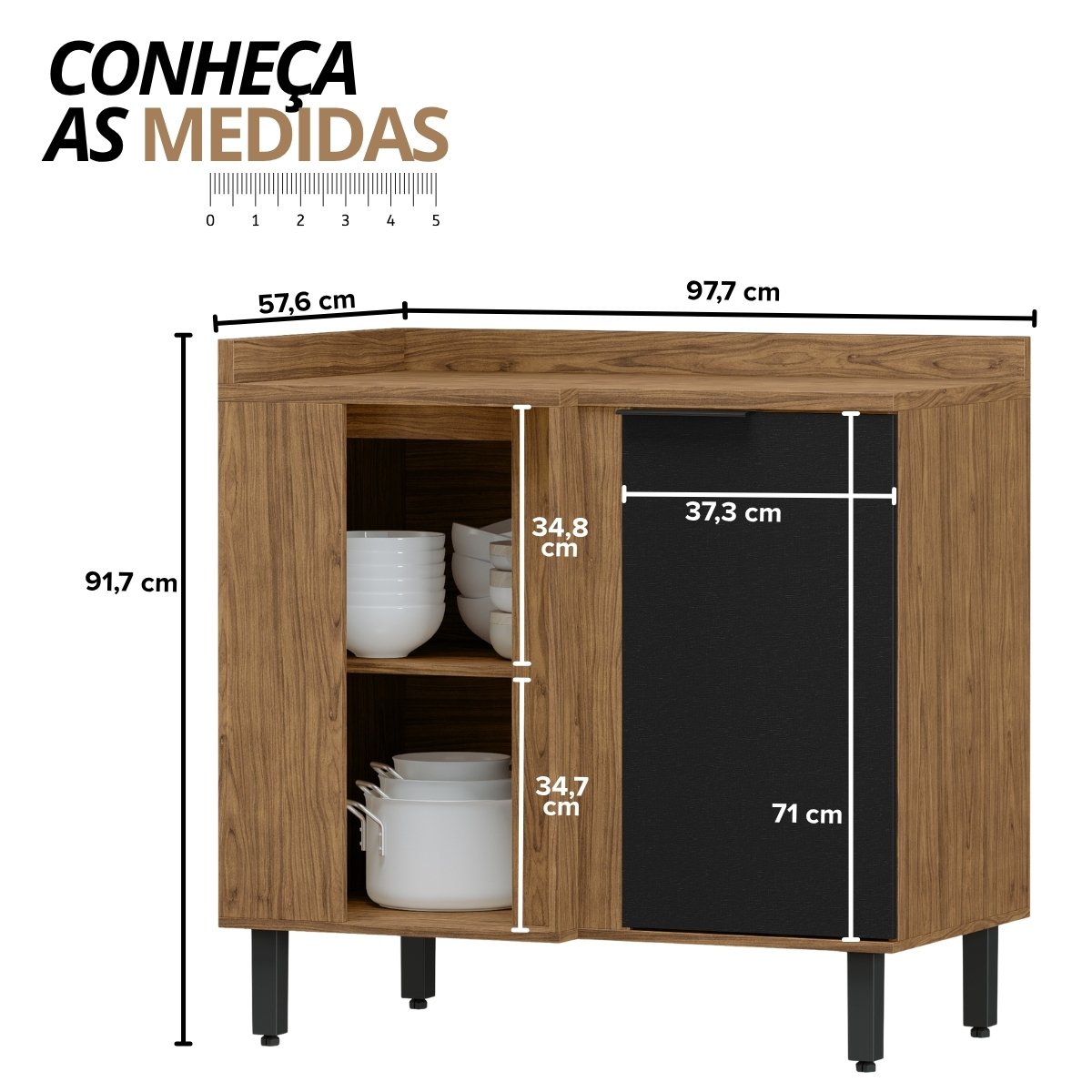 Balcão de Canto Reto Módulo de Cozinha 1 Porta - Toscana Freijó/Nero