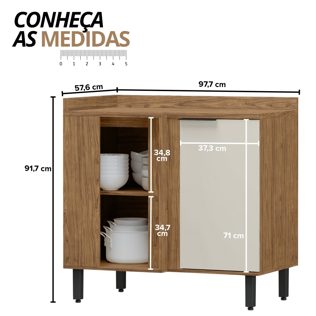 Balcão de Canto Reto Módulo de Cozinha 1 Porta - Toscana Freijó/Off White