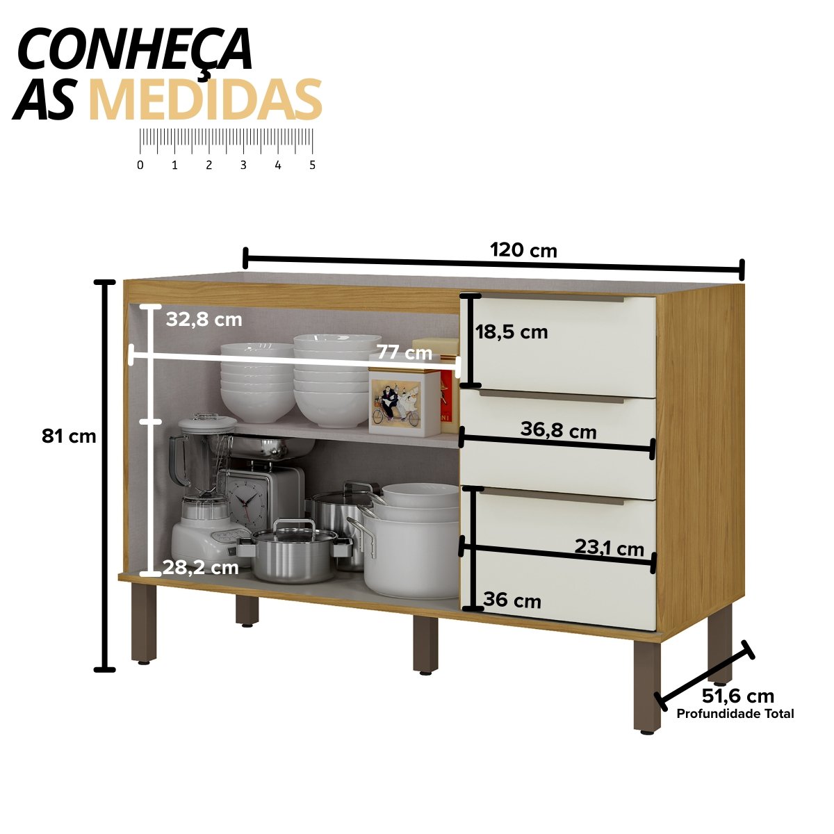 Balcão de Cozinha para Pia 120cm (sem cuba) - Verace Marrocos/Off White