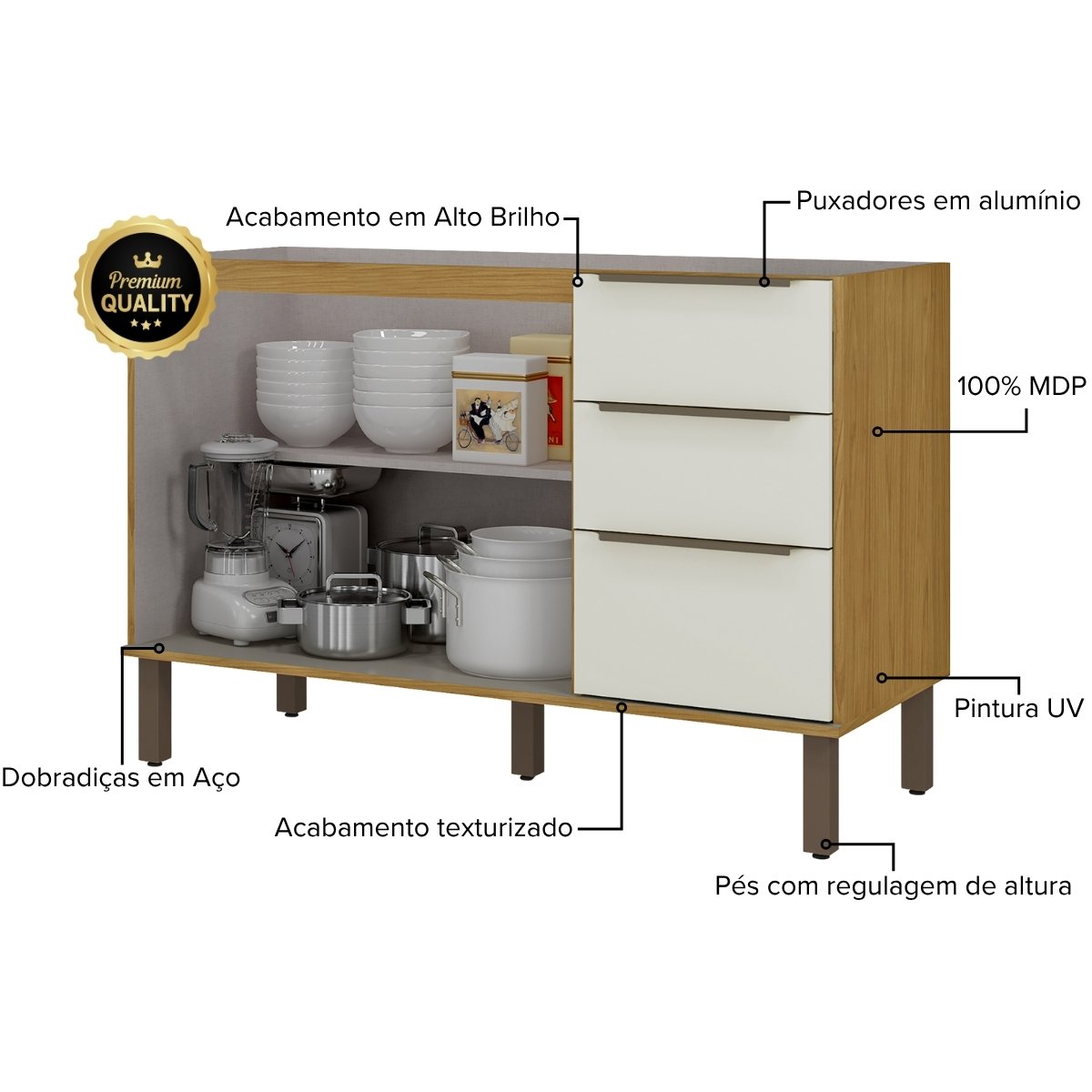 Balcão de Cozinha para Pia 120cm (sem cuba) - Verace Marrocos/Off White