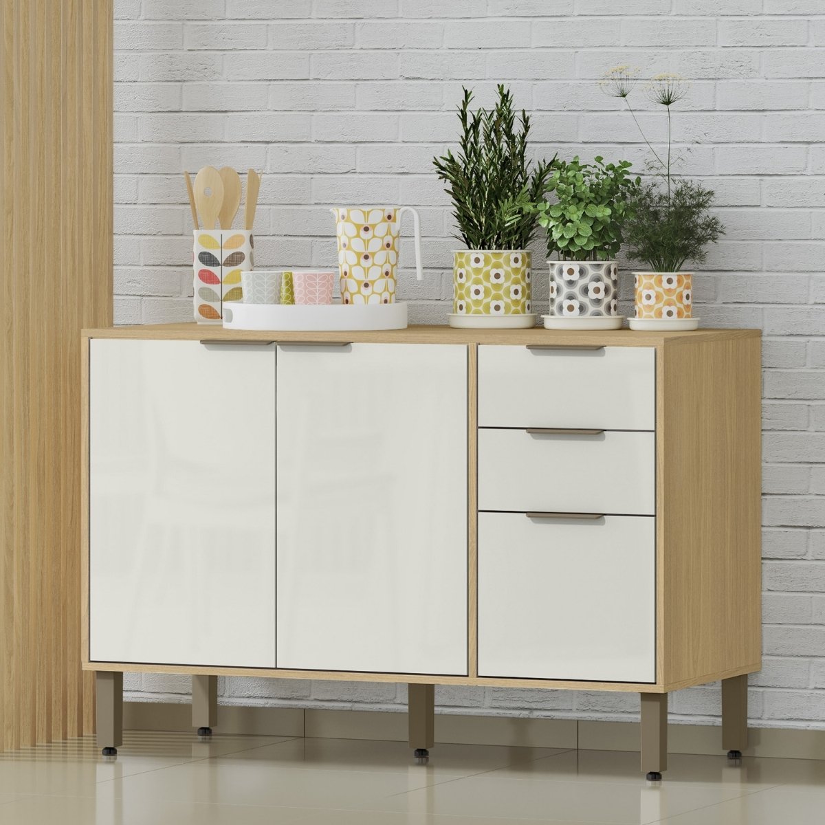 Balcão de Pia para Cozinha 3 Portas e 2 Gavetas 120cm (sem cuba) - Glória Castanho/Off White